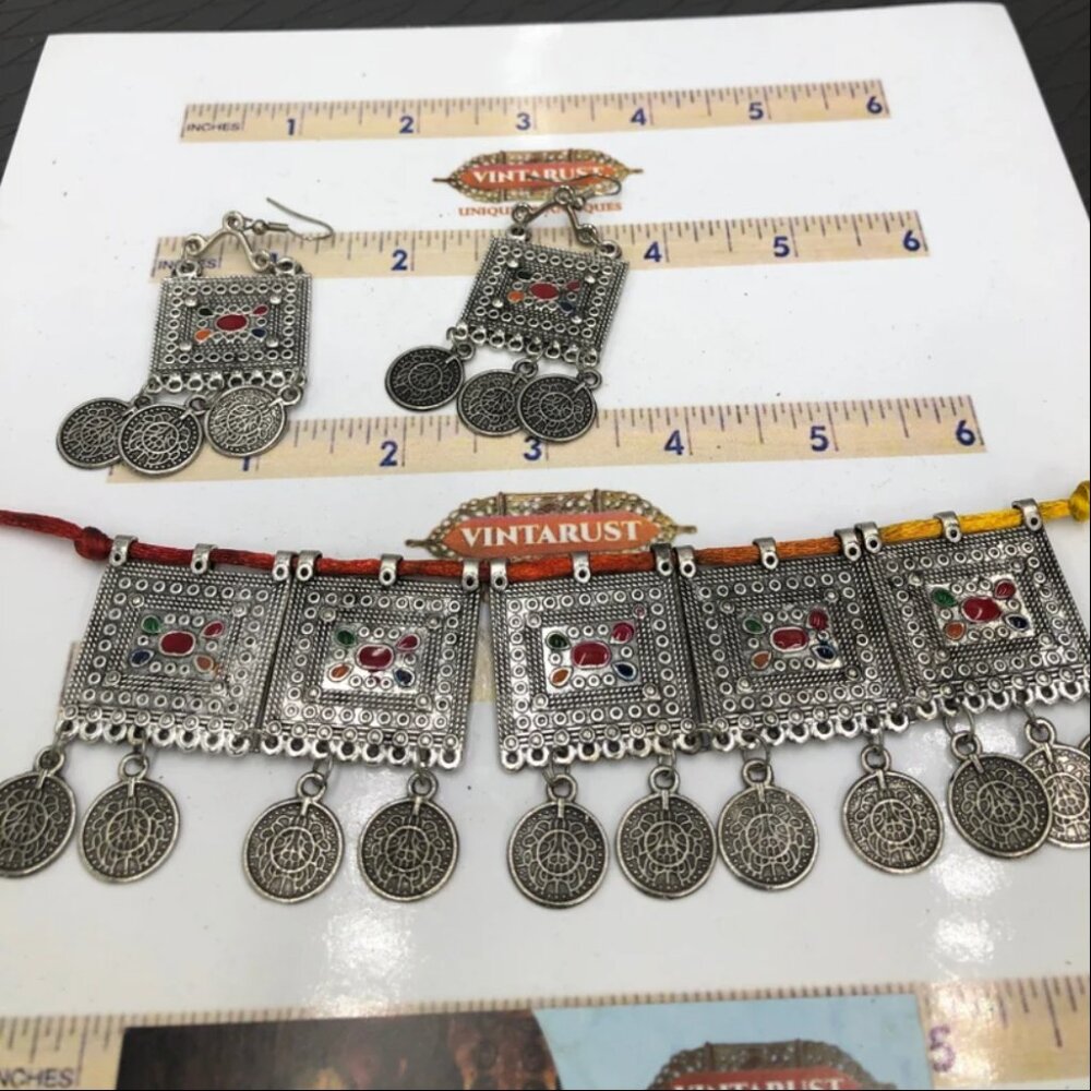Afghan Jewelry Set With Dangling Coins, Silver Tribal Choker And Earrings Set,